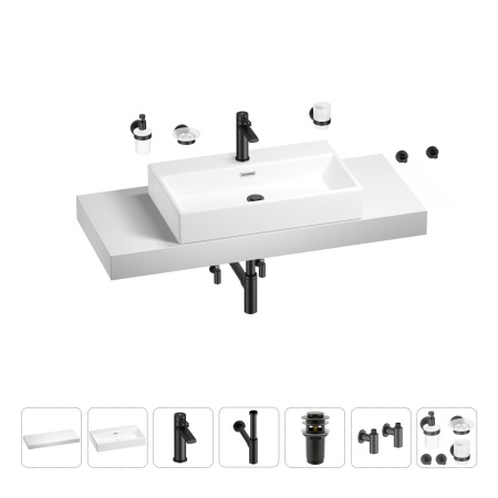 Раковина 70 см со столешницей 120 см Wellsee Graceful Pro 201012737 в наборе 10 в 1: столешница, раковина, смеситель, сифон, донный клапан, угловые вентили, аксессуары (цвет матовый черный)