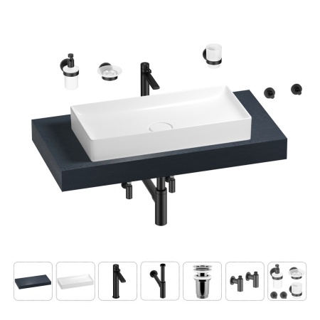 Раковина 75 см со столешницей 100 см Wellsee Pure BY Wellsee 201011577 в наборе 10 в 1: столешница, раковина, высокий смеситель, сифон, выпуск, кран-вентили, аксессуары (цвет матовый черный)