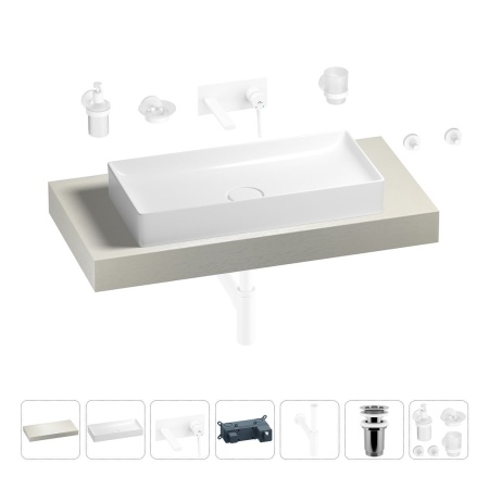Раковина 75 см со столешницей 100 см Wellsee Pure BY Wellsee 201011570 в наборе 9 в 1: столешница, раковина, встраиваемый смеситель, сифон, выпуск, аксессуары (цвет набора матовый белый)