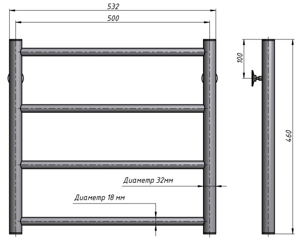 Полотенцесушитель водяной Stinox Toscana 500x500, нижнее подключение, хром, 1/2" ВР (внутренняя резьба), 4 перекладины