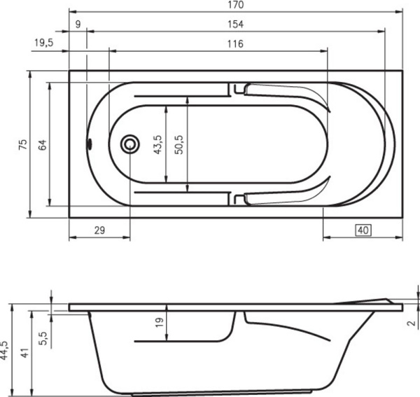 Акриловая ванна с усиленным каркасом и сифоном Riho Future 170x75 BC2800500000000