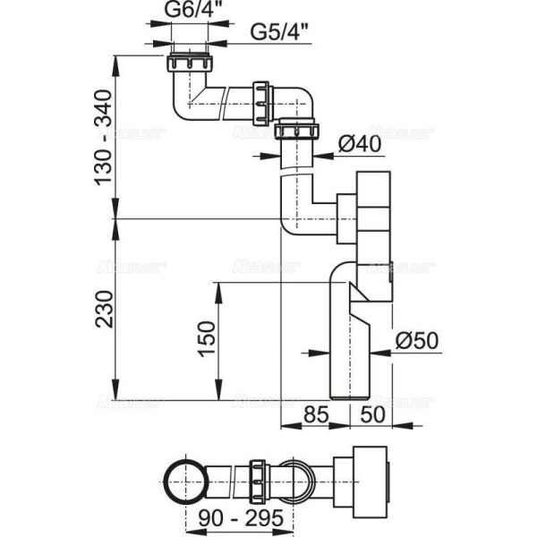 Универсальный сифон под штукатурку Alcaplast, экономящий пространство, A873