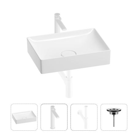 Раковина для ванной Wellsee Pure BY Wellsee 201002670 в наборе 4 в 1: раковина белого глянцевого цвета, высокий смеситель, сифон, выпуск (цвет набора матовый белый)