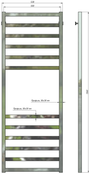 Полотенцесушитель водяной Stinox Ancona 500x1400, нижнее подключение, хром, 1/2" ВР (внутренняя резьба), 12 перекладин