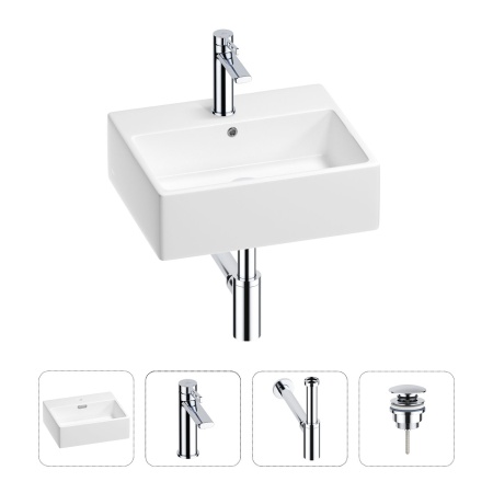 Раковина для ванной Wellsee Graceful Pro 201002906 в наборе 4 в 1: раковина белого глянцевого цвета, смеситель, сифон, донный клапан (цвет набора хром)