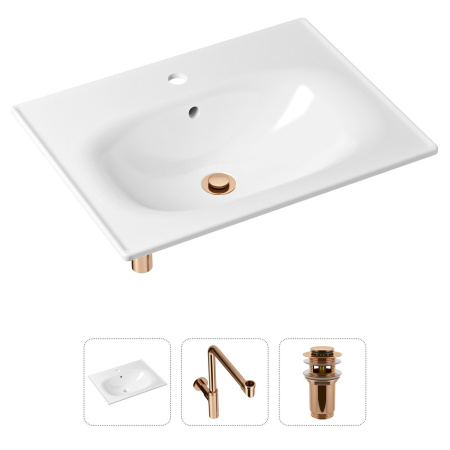 Комплект 3 в 1 Lavinia Boho Bathroom Sink 21520483: врезная фарфоровая раковина 60 см, металлический сифон, донный клапан
