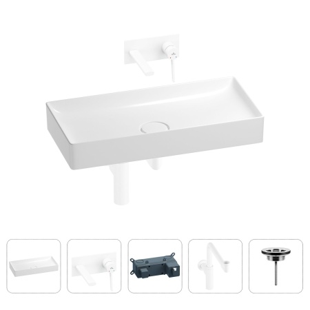 Раковина для ванной Wellsee Pure BY Wellsee 201002800 в наборе 4 в 1: раковина белого глянцевого цвета, встраиваемый смеситель, сифон, выпуск (цвет набора матовый белый)