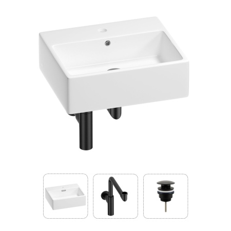 Раковина для ванной Wellsee Graceful Pro 201001347 в наборе 3 в 1: прямоугольная раковина белого глянцевого цвета, сифон, донный клапан в цвете матовый черный