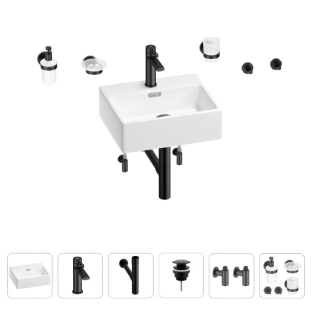 Раковина для ванной Wellsee Graceful Pro 201006627 в наборе 9 в 1: раковина белого глянцевого цвета, смеситель, сифон, донный клапан, угловые вентили, аксессуары (цвет набора матовый черный)