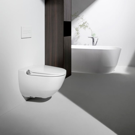 Laufen Cleanet Riva Унитаз-биде подвесной 60х39см, безободковый, с сиденьем, пульт д/у, покрытие LCC, панель титан-черный, цвет: белый 8.2069.1.404.000.1