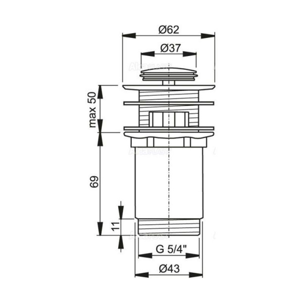 Водослив для умывальника Alcaplast click/clack 5/4", цельнометаллический с малой заглушкой, A391