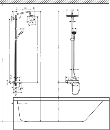 Hansgrohe Croma E Showerpipe 280 1jet Душевой набор с термостатом для ванны хром 27687000