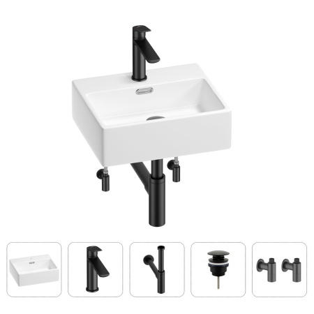 Раковина для ванной Wellsee Graceful Pro 201004557 в наборе 5 в 1: раковина белого глянцевого цвета, смеситель, сифон, донный клапан, угловые вентили (цвет набора матовый черный)