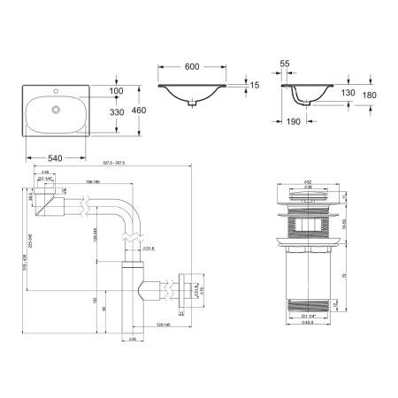 Комплект 3 в 1 Lavinia Boho Bathroom Sink 21520483: врезная фарфоровая раковина 60 см, металлический сифон, донный клапан