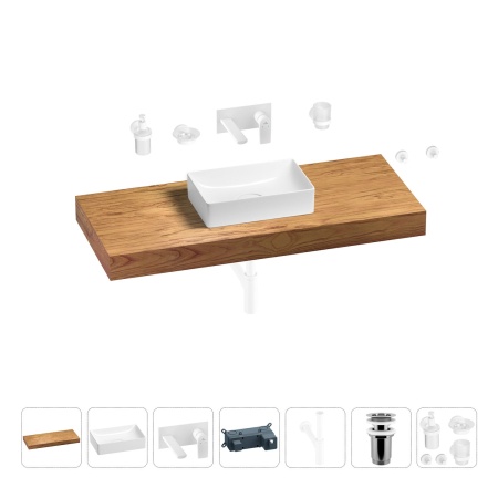 Раковина 42 см со столешницей 120 см Wellsee Pure BY Wellsee 201010930 в наборе 9 в 1: столешница, раковина, встраиваемый смеситель, сифон, выпуск, аксессуары (цвет набора матовый белый)