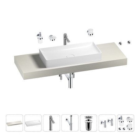 Раковина 75 см со столешницей 140 см Wellsee Pure BY Wellsee 201011796 в наборе 10 в 1: столешница, раковина, высокий смеситель, сифон, выпуск, кран-вентили, аксессуары (цвет хром)