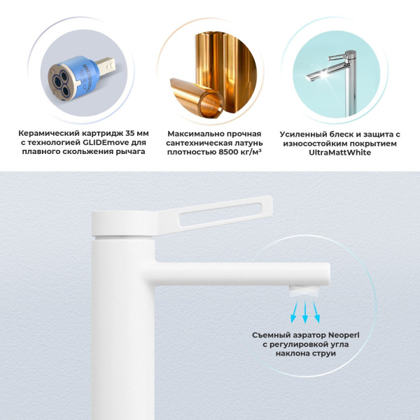 Смеситель для раковины (умывальника) Wellsee ONCE! and forever 182405000, латунный, однорычажный, высота/длина излива 110/110 мм (цвет матовый белый)