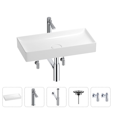Раковина для ванной Wellsee Pure BY Wellsee 201004461 в наборе 5 в 1: раковина белого глянцевого цвета, высокий смеситель, сифон, выпуск, угловые вентили (цвет набора хром)