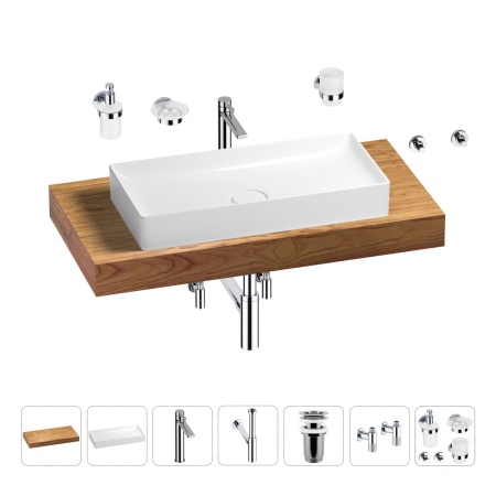 Раковина 75 см со столешницей 100 см Wellsee Pure BY Wellsee 201011596 в наборе 10 в 1: столешница, раковина, высокий смеситель, сифон, выпуск, кран-вентили, аксессуары (цвет хром)