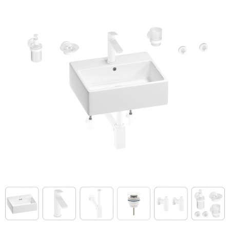 Раковина для ванной Wellsee Graceful Pro 201006665 в наборе 9 в 1: раковина белого глянцевого цвета, смеситель, сифон, донный клапан, угловые вентили, аксессуары (цвет набора матовый белый)