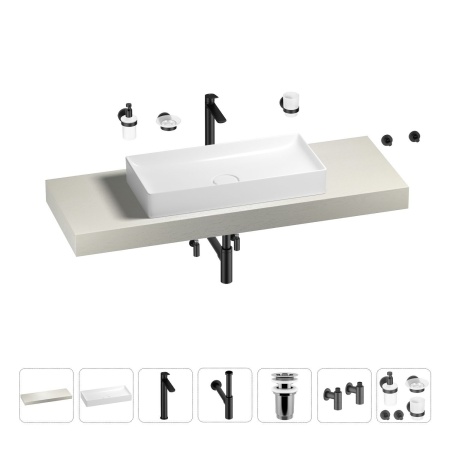 Раковина 75 см со столешницей 140 см Wellsee Pure BY Wellsee 201011792 в наборе 10 в 1: столешница, раковина, высокий смеситель, сифон, выпуск, кран-вентили, аксессуары (цвет матовый черный)