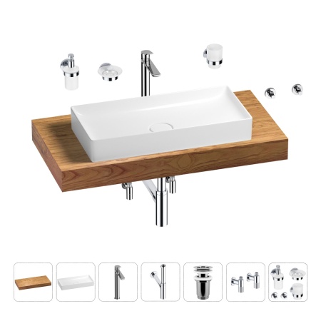 Раковина 75 см со столешницей 100 см Wellsee Pure BY Wellsee 201011591 в наборе 10 в 1: столешница, раковина, высокий смеситель, сифон, выпуск, кран-вентили, аксессуары (цвет хром)