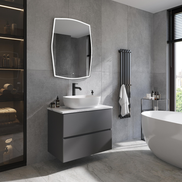 Мебель для ванной комнаты STWORKI Колдинг 80 антрацит, с раковиной Moduo 50 Square, столешница белая матовая