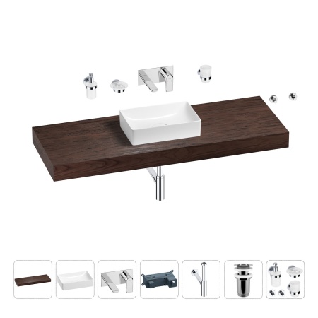 Раковина 42 см со столешницей 140 см Wellsee Pure BY Wellsee 201011031 в наборе 9 в 1: столешница, раковина, встраиваемый смеситель, сифон, выпуск, аксессуары (цвет набора хром)