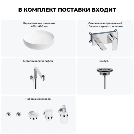 Раковина для ванной Wellsee Chalice Perfection 201006216 в наборе 8 в 1: раковина белого глянцевого цвета, встраиваемый смеситель, сифон, выпуск, аксессуары (цвет набора хром)