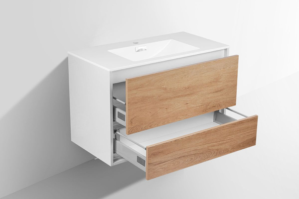 Тумба Vincea Alessia 900 подвесная, 2 выкатных ящика из алюминия с механизмами Push open, Y.Oak + L.White с умывальником VCB-14900W из искусственного камня, цвет белый