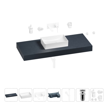 Раковина 42 см со столешницей 120 см Wellsee Pure BY Wellsee 201010920 в наборе 9 в 1: столешница, раковина, встраиваемый смеситель, сифон, выпуск, аксессуары (цвет набора матовый белый)