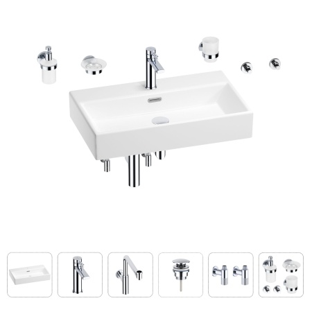 Раковина для ванной Wellsee Graceful Pro 201006746 в наборе 9 в 1: раковина белого глянцевого цвета, смеситель, сифон, донный клапан, угловые вентили, аксессуары (цвет набора хром)
