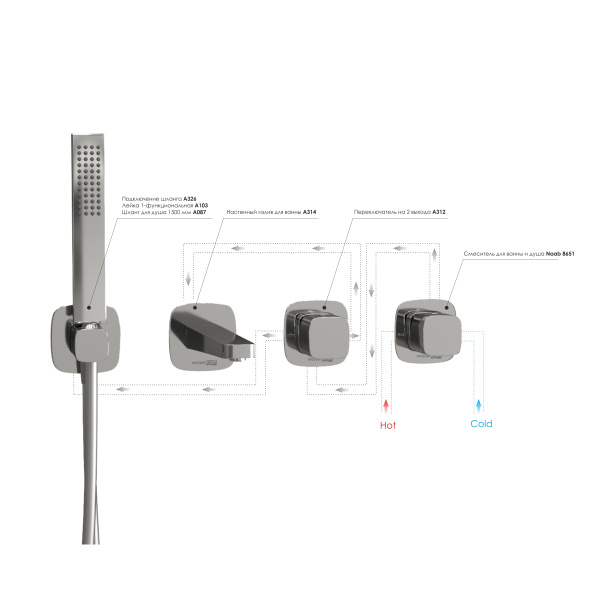 Встраиваемый комплект для ванны WasserKRAFT с лейкой и изливом A8651.312.314.326.087.103