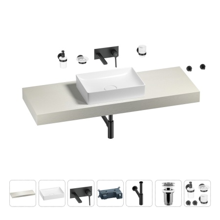 Раковина 50 см со столешницей 140 см Wellsee Pure BY Wellsee 201011447 в наборе 9 в 1: столешница, раковина, встраиваемый смеситель, сифон, выпуск, аксессуары (цвет набора матовый черный)