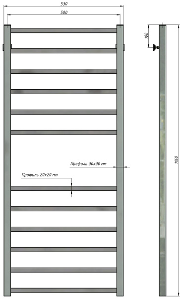 Полотенцесушитель водяной Stinox Quatro 500x1200, нижнее подключение, хром, 1/2" ВР (внутренняя резьба), 12 перекладин