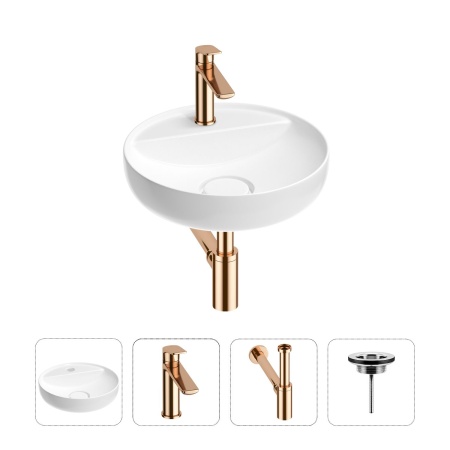 Раковина для ванной Wellsee Chalice Perfection 201002479 в наборе 4 в 1: раковина белого глянцевого цвета, смеситель, сифон, выпуск (цвет набора розовое золото)
