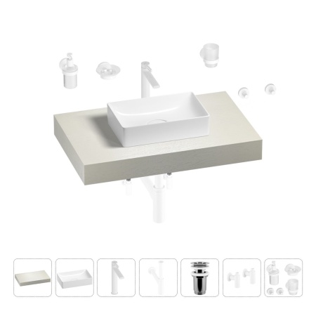 Раковина 42 см со столешницей 80 см Wellsee Pure BY Wellsee 201010715 в наборе 10 в 1: столешница, раковина, высокий смеситель, сифон, выпуск, кран-вентили, аксессуары (цвет матовый белый)