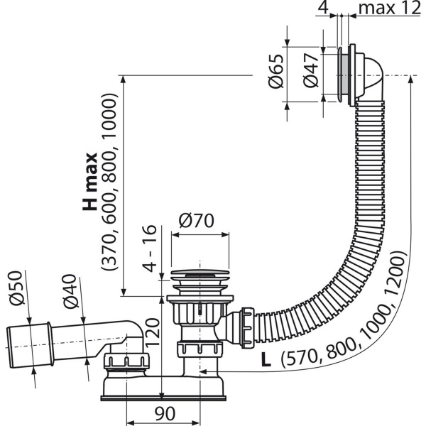 Сифон для ванны Alcaplast click/clack хромированный пластик, A505CRM-120