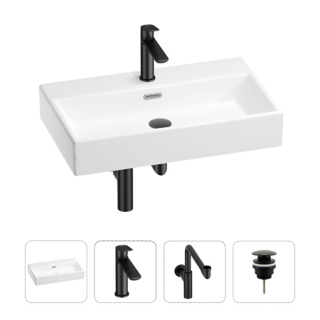 Раковина для ванной Wellsee Graceful Pro 201002992 в наборе 4 в 1: раковина белого глянцевого цвета, смеситель, сифон, донный клапан (цвет набора матовый черный)