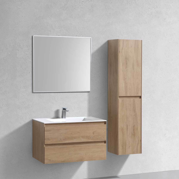 Тумба Vincea Luka 800 подвесная, 2 выкатных ящика soft-close, N.Oak с умывальником VCB-13800W из искусственного камня, цвет белый