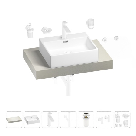 Раковина 50 см со столешницей 80 см Wellsee Graceful Pro 201012395 в наборе 10 в 1: столешница, раковина, смеситель, сифон, донный клапан, угловые вентили, аксессуары (цвет матовый белый)