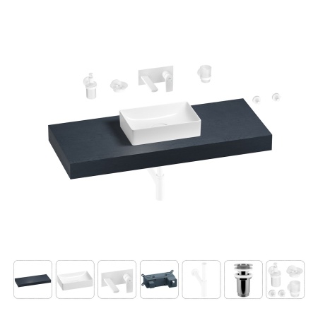 Раковина 42 см со столешницей 120 см Wellsee Pure BY Wellsee 201010915 в наборе 9 в 1: столешница, раковина, встраиваемый смеситель, сифон, выпуск, аксессуары (цвет набора матовый белый)
