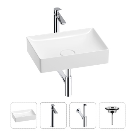 Раковина для ванной Wellsee Pure BY Wellsee 201002661 в наборе 4 в 1: раковина белого глянцевого цвета, высокий смеситель, сифон, выпуск (цвет набора хром)