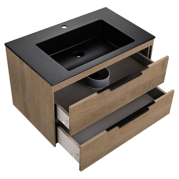 Тумба Vincea Chiara 2D 800 подвесная, 2 выкатных ящика soft-close, N.Oak с умывальником VCB-13800B из кварца, цвет черный