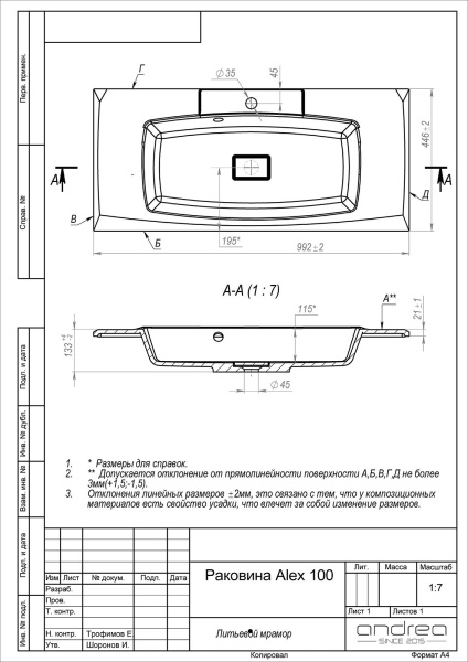 Раковина Andrea Alex 1000 4680028070238