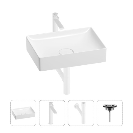 Раковина для ванной Wellsee Pure BY Wellsee 201002650 в наборе 4 в 1: раковина белого глянцевого цвета, высокий смеситель, сифон, выпуск (цвет набора матовый белый)