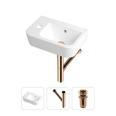 Комплект 3 в 1 Lavinia Boho One 21520732: подвесная фарфоровая раковина для туалета 37 см (отверстие под смеситель слева), металлический сифон, донный клапан