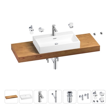 Раковина 70 см со столешницей 140 см Wellsee Graceful Pro 201012771 в наборе 10 в 1: столешница, раковина, смеситель, сифон, донный клапан, угловые вентили, аксессуары (цвет хром)