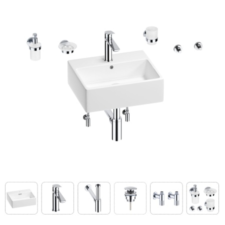 Раковина для ванной Wellsee Graceful Pro 201006651 в наборе 9 в 1: раковина белого глянцевого цвета, смеситель, сифон, донный клапан, угловые вентили, аксессуары (цвет набора хром)