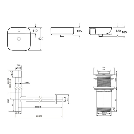 Комплект 3 в 1 Lavinia Boho Bathroom Sink 21520301: накладная фарфоровая раковина 42 см, металлический сифон, донный клапан